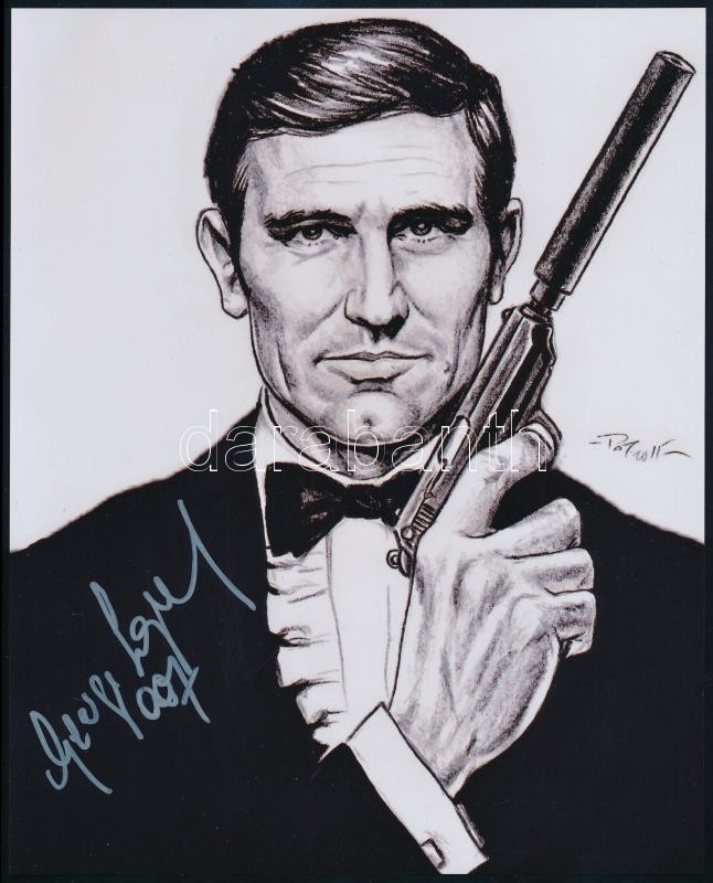 George Lazenby (1939- ) ausztrál színész autográf aláírása (James Bond szerepét játszotta az Őfelsége titkosszolgálatában c. 1969-es filmben), angol nyelvű tanúsítvánnyal / Autograph signature of George Lazenby (1939- ) Australian