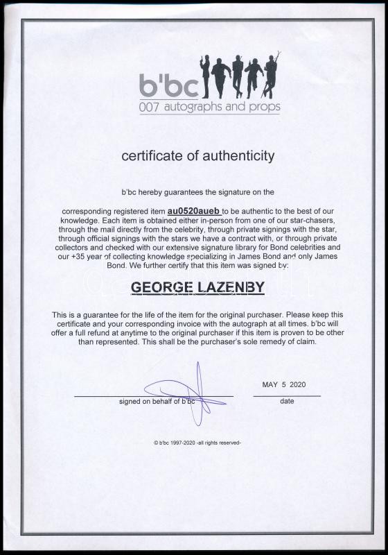 George Lazenby (1939- ) ausztrál színész autográf aláírása (James Bond szerepét játszotta az Őfelsége titkosszolgálatában c. 1969-es filmben), angol nyelvű tanúsítvánnyal / Autograph signature of George Lazenby (1939- ) Australian - Image 3