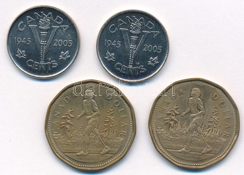 Kanada 2005. 5c acél 'A győzelem 60. évfordulója' (2x) + 2005. 1$ bronzozott Ni 'Terry Fox' (2x) T:1,1- patina Canada 2005. 5 Cents steel '60th Anniversary of the victory' (2x) + 2005. 1 Dollar bronzed Ni 'Terry Fox' (2x) C:UNC,AU