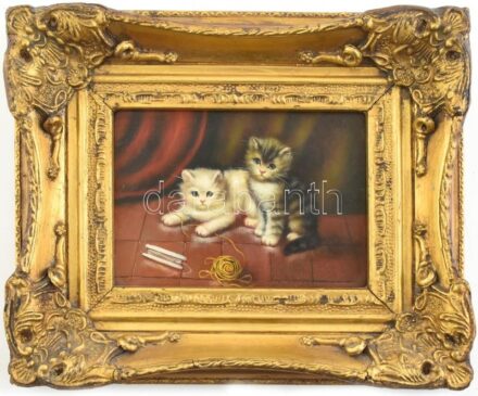 Jelzés nélkül: Macskák. Olaj, fa, dekoratív fakeretben, apró sérülésekkel, 12x17cm