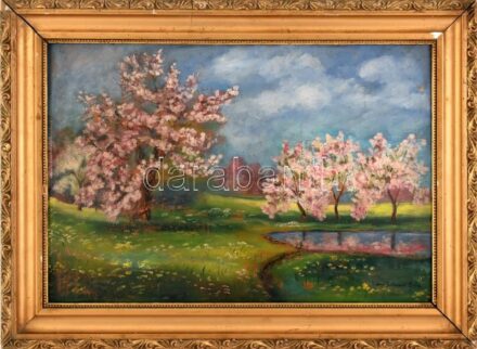 Iványi Grünwald Béla jelzéssel: Virágzás. Olaj, karton. Dekoratív, sérült fa keretben, 35×50 cm