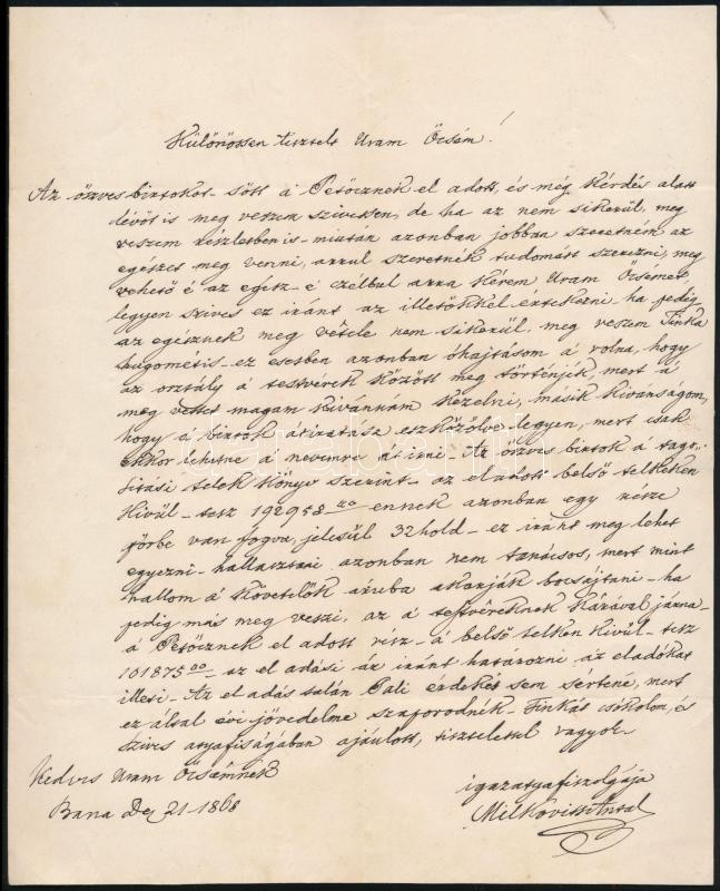 1868 Bana-Nagyigmánd, Milkovits/Milkovics Antal bábolna környéki földbirtokos saját kézzel írt levele Cholnoky László (1835-1901) köz-, és váltó-ügyvéd, 'Különösen Tisztelt Uram Öcsém!' megszólítással.