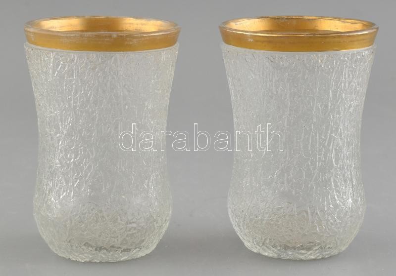 2db régi aranyozott peremű üveg pohár, öntött, kopott, m:11cm