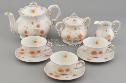 Hiányos Zsolnay teás készlet, matricás porcelán, kopott, jelzett.