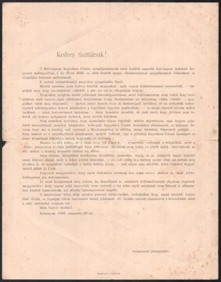 1892 Esztergom, jószágigazgató nyugdíjaztatása alkalmából mondott ünnepi beszéde, hajtott, szakadásokkal