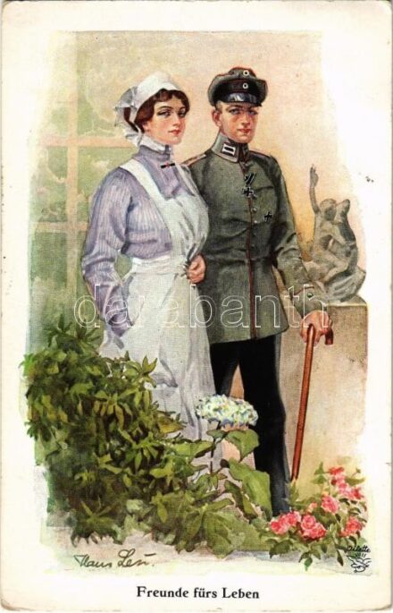 1915 Freunde fürs Leben / WWI German military art postcard, soldier with nurse. Wohlgemuth & Lissner 'Oilette' No. 1045. (EK)