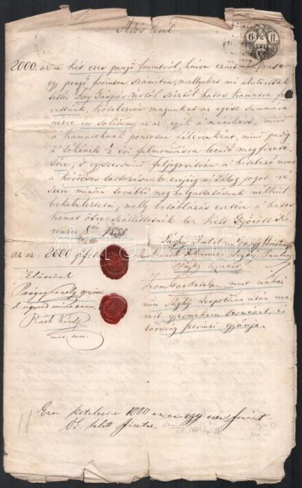 1858-1869 Győr, adóslevél 2000 forintról a Zombath és Sághy családok között, 2 viaszpecséttel, Komárom Vármegye Telekkönyvi Hivatali pecsétekkel, 6 fl., 5 fl., 1 fl. okmánybélyegekkel, szakadozott.