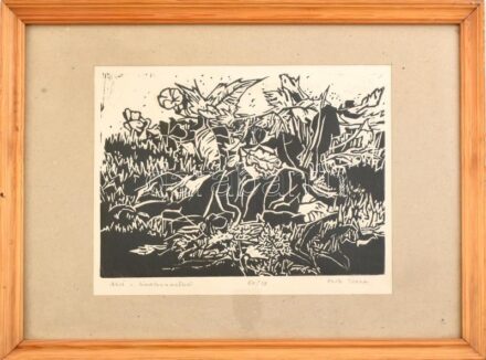 Ferk Ilona (1943-): Alvó. Linómetszet, papír, üvegezett fakeretben, 18,5x24,9cm