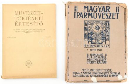 1909 Magyar Iparművészet XII. évf. 6-7. sz., számos fekete-fehér fotóval, korabeli hirdetésekkel, sérült, foltos + 1956 Művészettörténeti Értesítő IV. évf. 4. sz., fekete-fehér fotókkal, kissé sérült, megjelent 2200