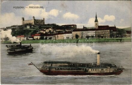 1914 Pozsony, Pressburg, Bratislava; vár, 'BUDAPEST' gőzhajó. Kaufmann kiadása / castle, steamship (EK)