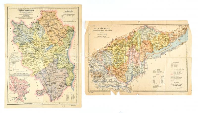 Zala vármegye közigazgatási térképe, tervezte: Tallián Ferenc, 1:400,000, Bp., Magyar Földrajzi Társaság, sérült, szakadt, 27x39 cm + Fejér vármegye közigazgatási térképe, tervezte: Czakó István, átdolgozta: Tallián Ferenc,