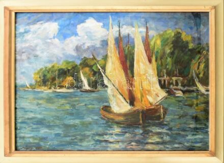 Sági Sándor (1917-2007): Színes vitorlások (Balaton). Olaj, vászon, jelzett. Hátoldalán a művész névjegykártyájával és a Képcsarnok Vállalat címkéjével, mely szerint szerepelt a Mednyánszky Teremben, 1987-ben rendezett egyéni