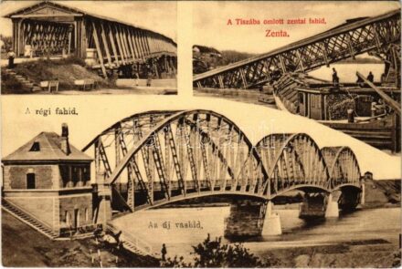 1915 Zenta, Senta; a régi fahíd, a Tiszába omlott zentai fahíd, az új vashíd. Fekete Sándor kiadása / collapsed old wooden bridge, new bridge + 'K.u.K. 19. Eisenbahnkompagnie' (EK)