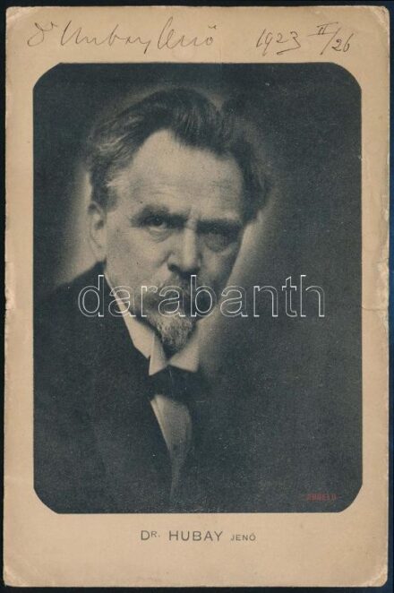 Hubay Jenő (1858-1937) zeneszerző dedikált fotólapja, hátoldalt sérüléssel