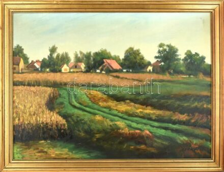 Csóka Béla (1926-2005): Falusi utca gémeskúttal. Olaj, vászon, jelzett, kissé sérült. Dekoratív, kissé sérült fa keretben. 60×80 cm.