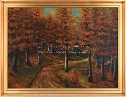Jelzés nélkül: Erdei tó pecázóval. Olaj, vászon. Dekoratív, kissé kopott fa keretben. 60×80 cm.