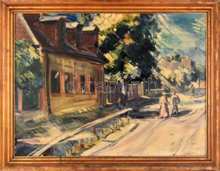 Jelzés nélkül: Sétálók. Olaj, vászon. Dekoratív, kissé sérült fa keretben. 60×80 cm.
