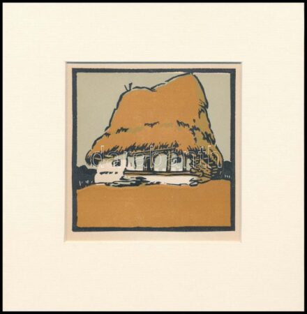 Kós Károly (1883-1977): Tanyasi ház. Linómetszet, papír, utólagos jelzéssel, paszpartuban, felületén hajtásnyommal, 11×11 cm