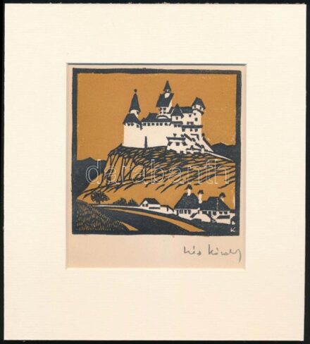 Kós Károly (1883-1977): Vár a hegyen. Linómetszet, papír, utólagos jelzéssel, paszpartuban, felületén hajtásnyommal, 11×11 cm