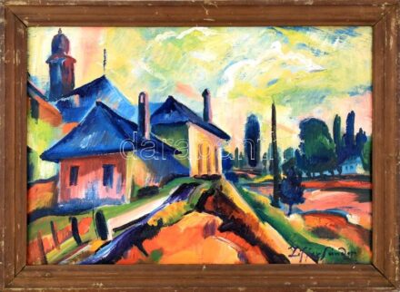 Ziffer Sándor jelzéssel: Kisváros. Olaj, vászon. Kissé sérült fa keretben. 43x61,5 cm