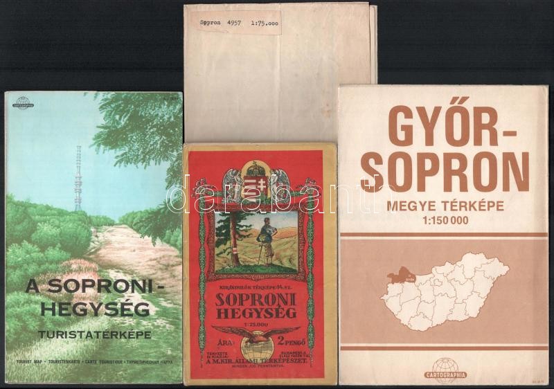 Kirándulók térképe sorozat: Soproni hegység. Magyar Földrajzi Intézet. 96x56 cm Vászonra kasírozva. Jó állapotban. + 2 db modernebb Sopron térkép