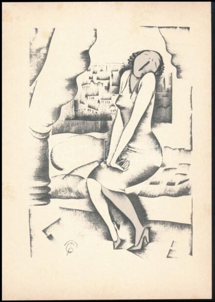 Molnár C. Pál (1894-1981): Ásítás. Kis szériás ofszet, papír, 29,5×21 cm