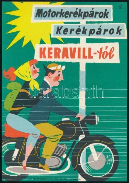 'Motorkerékpárok a Keravill-tól' villamosplakát, 23,5×16,5 cm