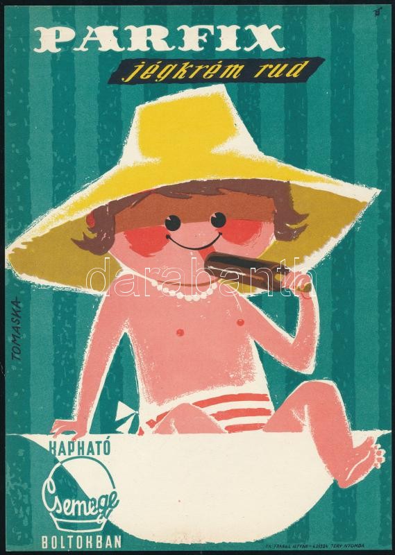 Tomaska Irén (1929-2005): Parfix jégkrém rúd a Csemeg boltokban, villamosplakát, 23,5x16,5 cm