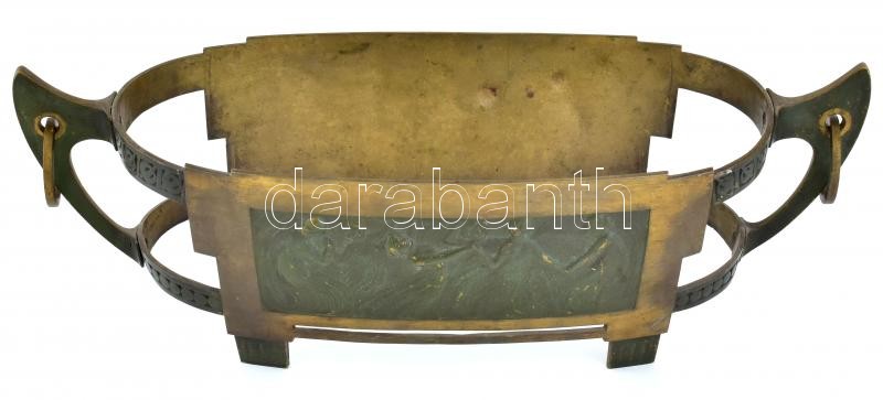 Bronz szecessziós kínáló, üvegbetét nélkül, kopott, 46x18cm