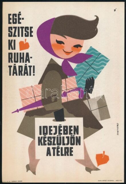 1963 Egészítse ki ruhatárát! Idejében készüljön a télre, villamosplakát, Lengyel grafikája, 24x16 cm