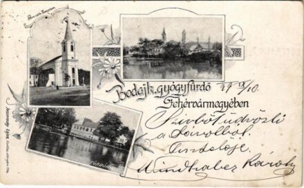 1899 (Vorläufer) Bodajk-gyógyfürdő, Római katolikus templom, Tófürdő, fürdőház. Jeszenszky Lajos kiadása, Art Nouveau, floral (EK)