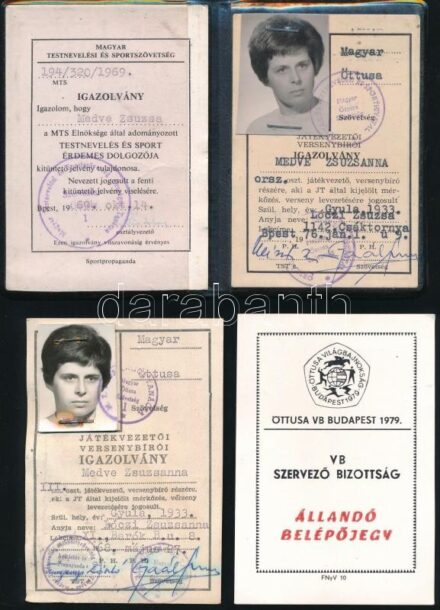 1968-1979 Öttusa versenybírói igazolvány, valamint az 1979-es öttusa vb szervező bizottság állandó belépőjegye és bírói jelvénye, valamint a 'Testnevelés és Sport Érdemes Dolgozói' jelvény viselési igazolvány.