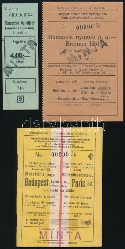 1933 MÁV Menetjegyiroda minta jegyei, Budapest-Paris, Budapest-Nyugati - Bremen, Rendesárú bérletjegy (vonalcsoportos) 2. osztály.