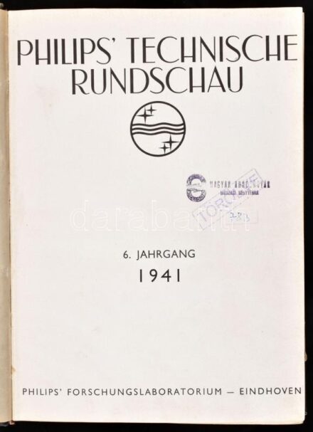 1941 Philips' Technische Rundschau 6. Jahrgang / német nyelvű műszaki folyóirat teljes évfolyama egybekötve (1941. jan.-dec.), fekete-fehér képekkel illusztrált, sérült félvászon-kötésben, hiányzó gerinccel