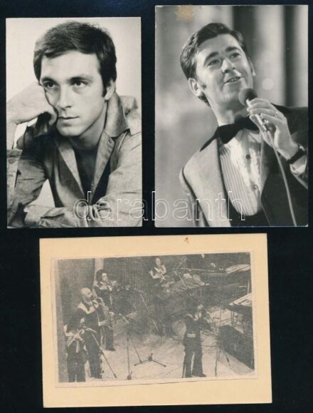cca 1965-75 3 db fotó és nyomtatvány. Kosó János énekes, fotó; Huszti Péter színész, fotó; Bergendy zenekar, nyomtatvány (újságkivágás?), kartonra ragasztva, Koós fotó kissé sérült, 9x5,5 és 9x6,5 cm közötti méretekben