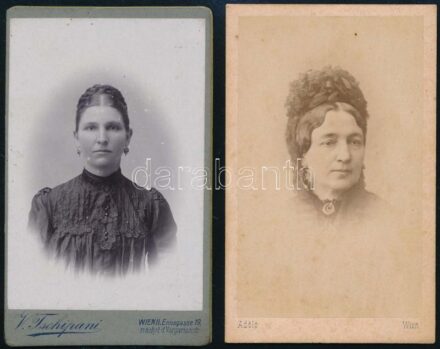 cca 1880-1890 2 db vintage fotó, női portré, Adele és Victor Tschipani bécsi műtemeiből, kopott, egyik hátoldala kissé sérült, 10x6,5 cm