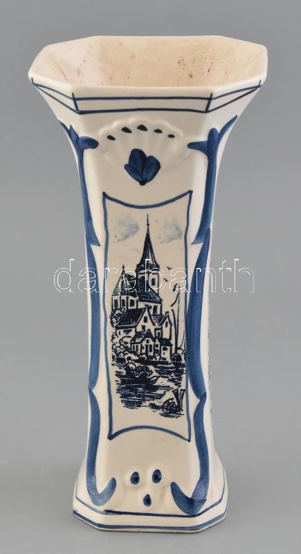 Holland Delft porcelán váza, vízkőnyomokkal, jelzett, m:24,5cm