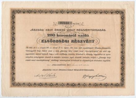 Jászladány 1911. 'Jászsági Helyi Érdekű Vasút Részvénytársaság' elsőbbségi részvénye 200K-ról T:II- szakadások, ragasztott