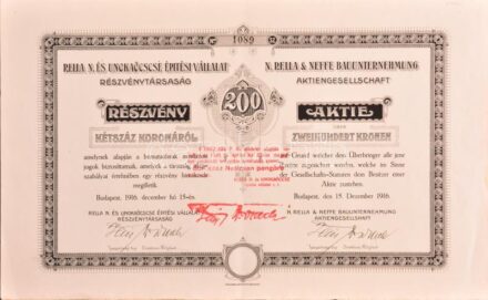 Budapest 1916. 'Rella N. és Unokaöccse Építési Vállalat Részvénytársaság' részvénye 200K-ról, német és magyar nyelven, bélyegzéssel T:II