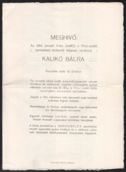 1914 Bp., meghívó a Ritz-szállóban tartandó Kalikó bálra, 3 p., vízjeles papíron, hajtva, szélein apró sérülésekkel