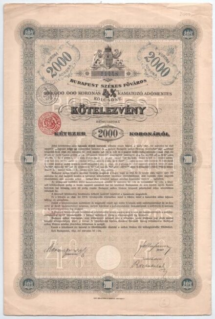 Budapest 1897. 'Budapest Székes Főváros' 4%-al kamatozó kölcsön kötelezvénye 2000K-ról, szárazpecséttel, 1db szelvénnyel T:III