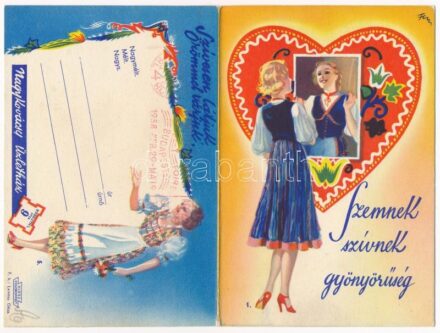 1938 Szemnek szívnek gyönyörűség. Nagykovácsy üzletház 'Bokréta' kihajtható reklámja. Budapest V. Kossuth Lajos utca 9. Lamoss Géza kiadása / Hungarian fashion advertisement, folding card s: Fery Antal