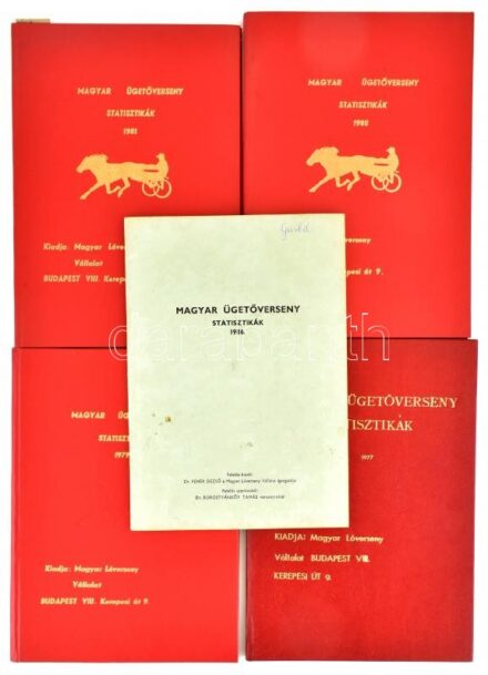 1977-1986 Magyar ügetőverseny statisztikák 1977 (46. sz.), 1979 (48 sz.),1980 (50. sz.), 1981 (56. sz.), 1986. Bp., Magyar Lóverseny Vállalat. Vászon-kötésekben és papírkötésben.