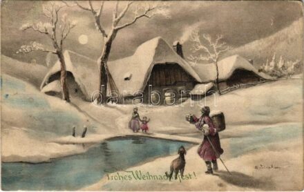 1914 Frohes Weihnachtsfest! / Christmas greeting art postcard with Saint Nicholas and gifts. P.T.L. Art de Vienne No. 265. (r)