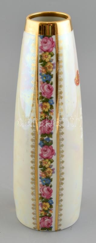 Német Echt Gold irizáló porcelán váza, etikettel jelzett, mázrepedésekkel, m:29cm