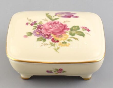 Rosenthal virágmintás bonbonniere, matricás porcelán, kopásnyomokkal, jelzett, 13x13cm
