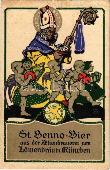 1935 St. Benno Bier aus der Aktienbrauerei zum Löwenbräu in München / German beer advertisement. Art Nouveau, litho s: Otto Obermeier + 'Förster János Apostolok söntése, Budapest Kígyó utca' (r)