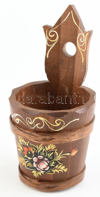 Kézzel festett fa puttony formájú tartó, m:28,5cm