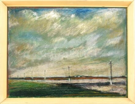 Katona Kiss Ferenc (1909-1995): Szentes környéki táj ('Alföld 1968'). Olaj, farost. Jelzett. Hátoldalán feliratozott. Üvegezett fa keretben. 29x39 cm