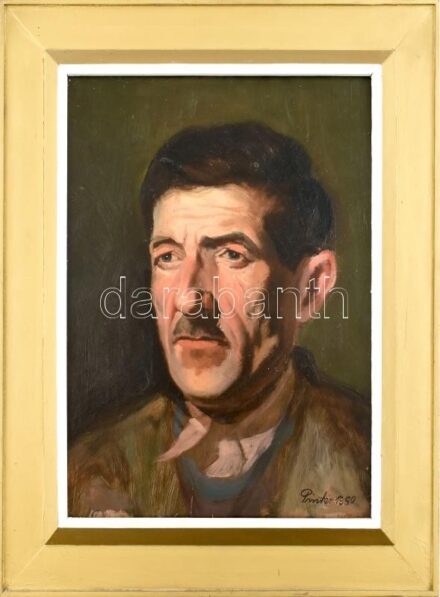 Pintér József (1922-2002): Fodor bácsi. Olaj, falemez. Jelzett. Hátoldalon címkén autográf felirattal. Dekoratív fa keretben. 37,5x30 cm